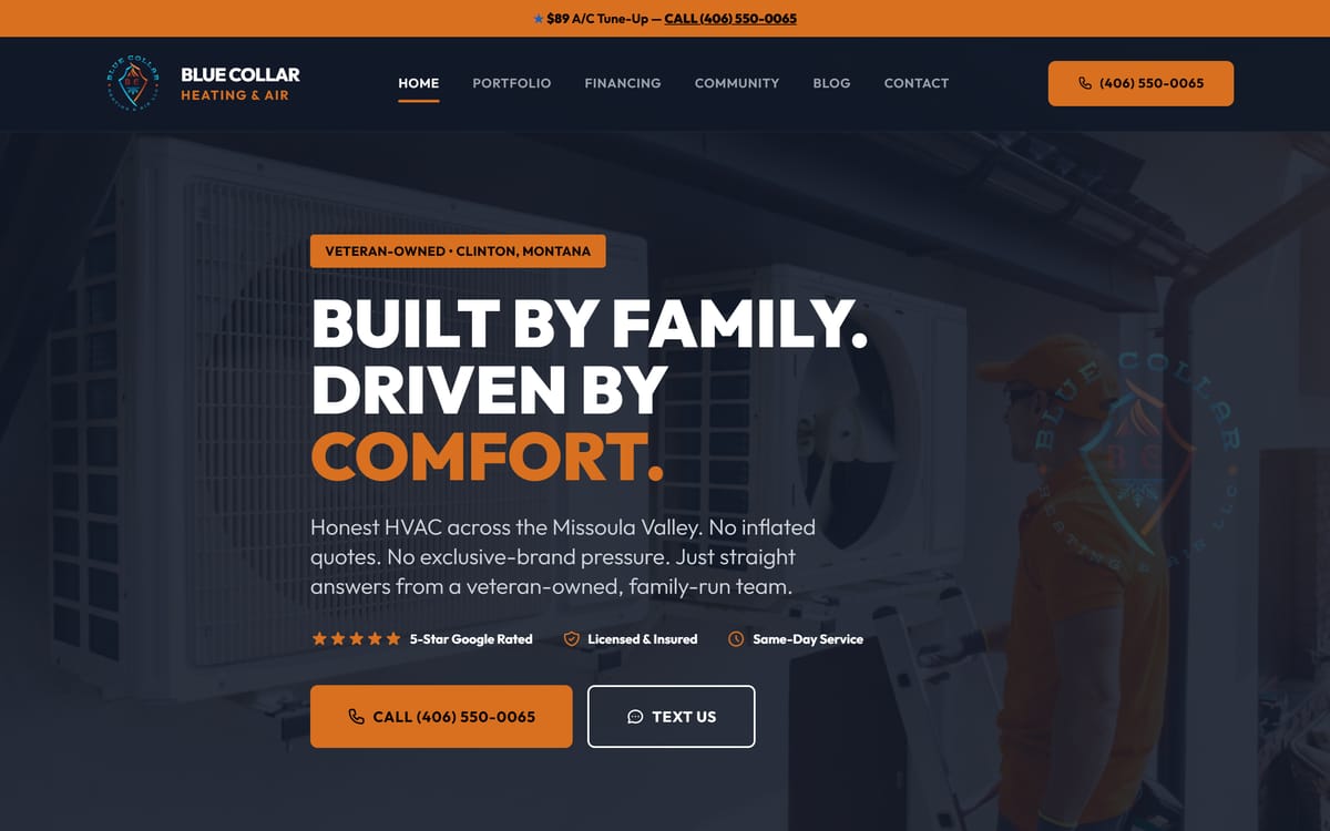 Blue Collar Heating & Air website homepage, an HVAC contractor site built by Big Sky Automation