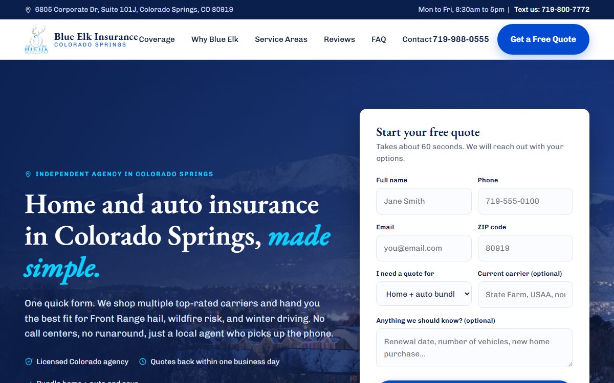 Blue Elk Insurance website