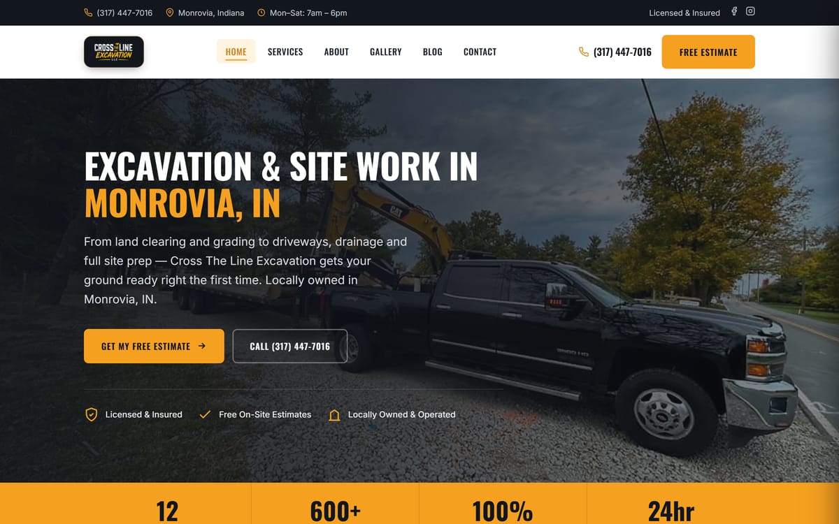 Cross The Line Excavation website homepage, an excavation contractor site built by Big Sky Automation